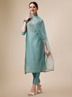Hand Embroidered Kurta With Pant & Dupatta Set, Multicolor - Hiral Fashion | Grocsy