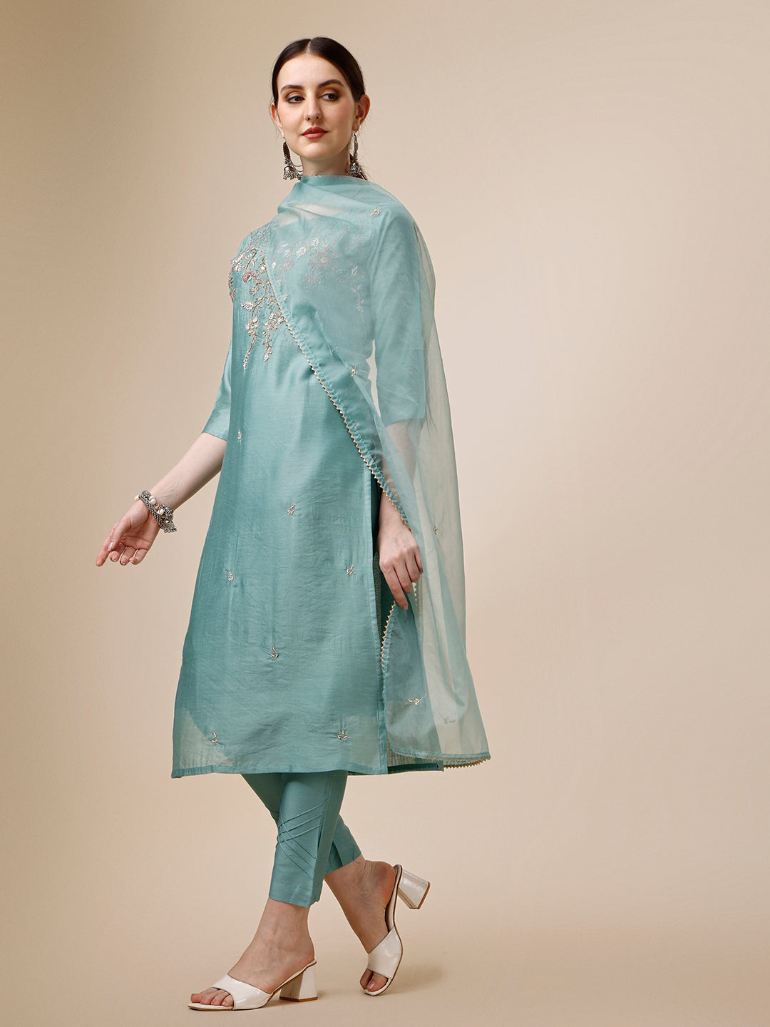 Hand Embroidered Kurta With Pant & Dupatta Set, Multicolor - Hiral Fashion | Grocsy