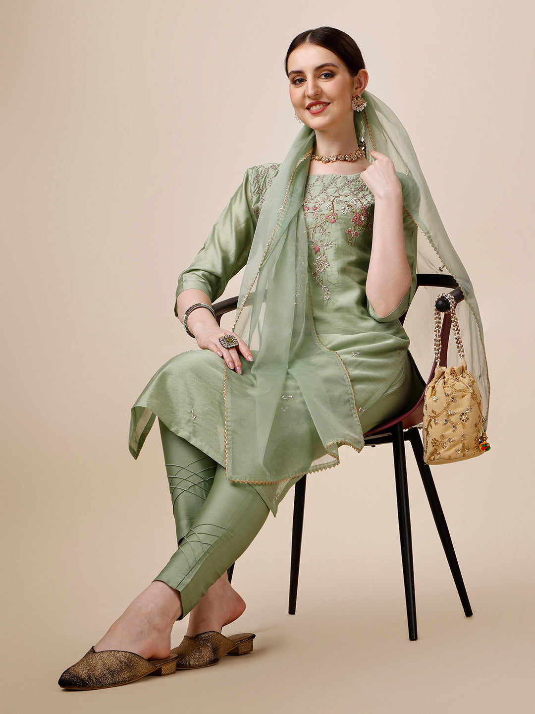 Embroidered Kurta With Pant And Dupatta Set, Multicolor - Hiral Fashion | Grocsy