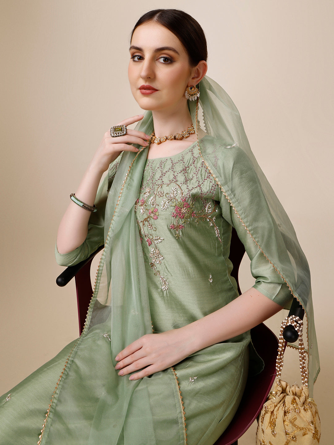 Embroidered Kurta With Pant And Dupatta Set, Multicolor - Hiral Fashion | Grocsy