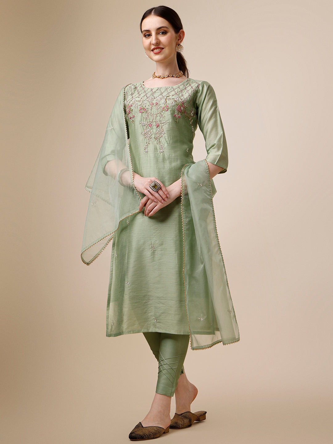 Embroidered Kurta With Pant And Dupatta Set, Multicolor - Hiral Fashion | Grocsy