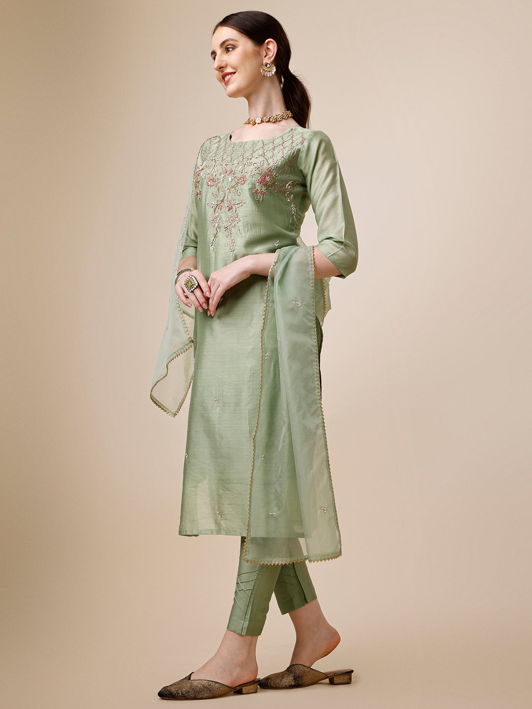 Embroidered Kurta With Pant And Dupatta Set, Multicolor - Hiral Fashion | Grocsy