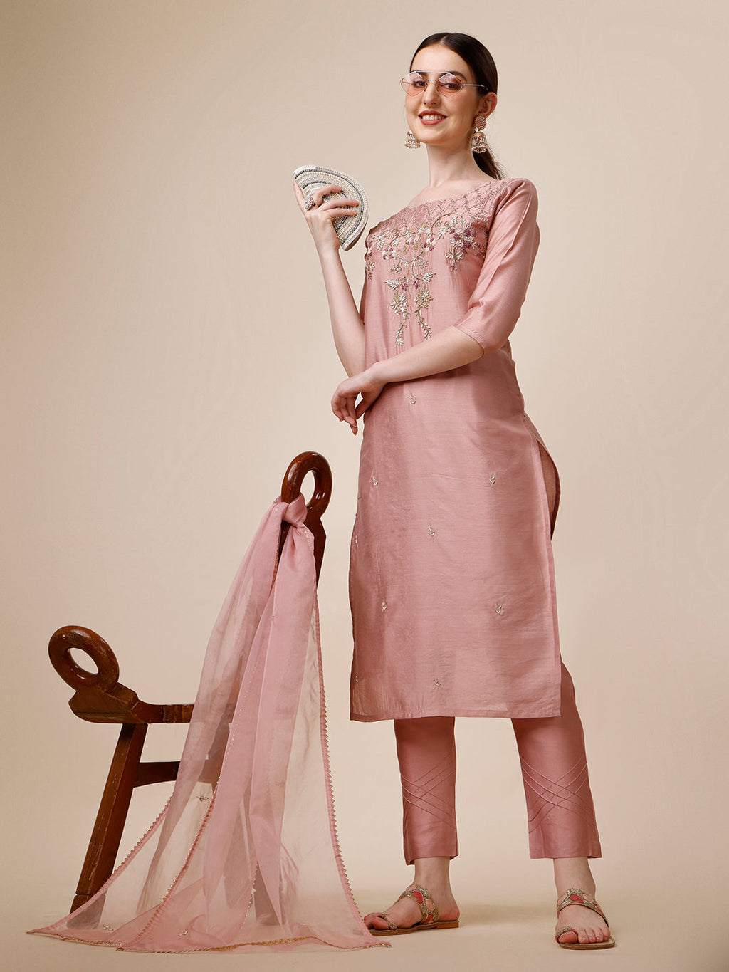 Hand Embroidered Kurta With Pant & Dupatta Set, Multicolor - Hiral Fashion | Grocsy