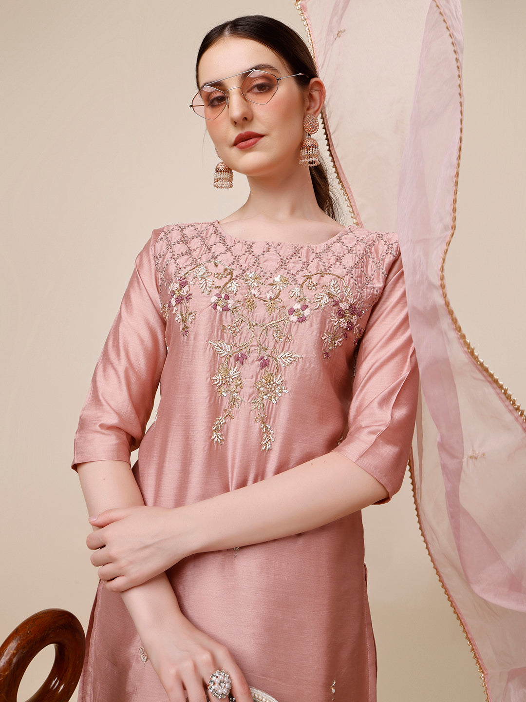 Hand Embroidered Kurta With Pant & Dupatta Set, Multicolor - Hiral Fashion | Grocsy