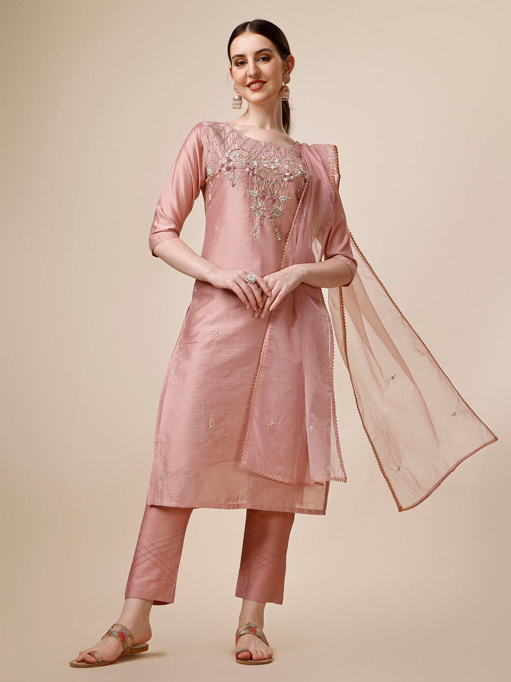 Hand Embroidered Kurta With Pant & Dupatta Set, Multicolor - Hiral Fashion | Grocsy