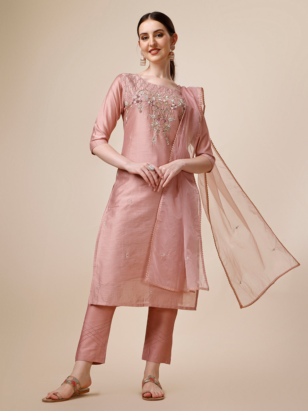 Hand Embroidered Kurta With Pant & Dupatta Set, Multicolor - Hiral Fashion | Grocsy