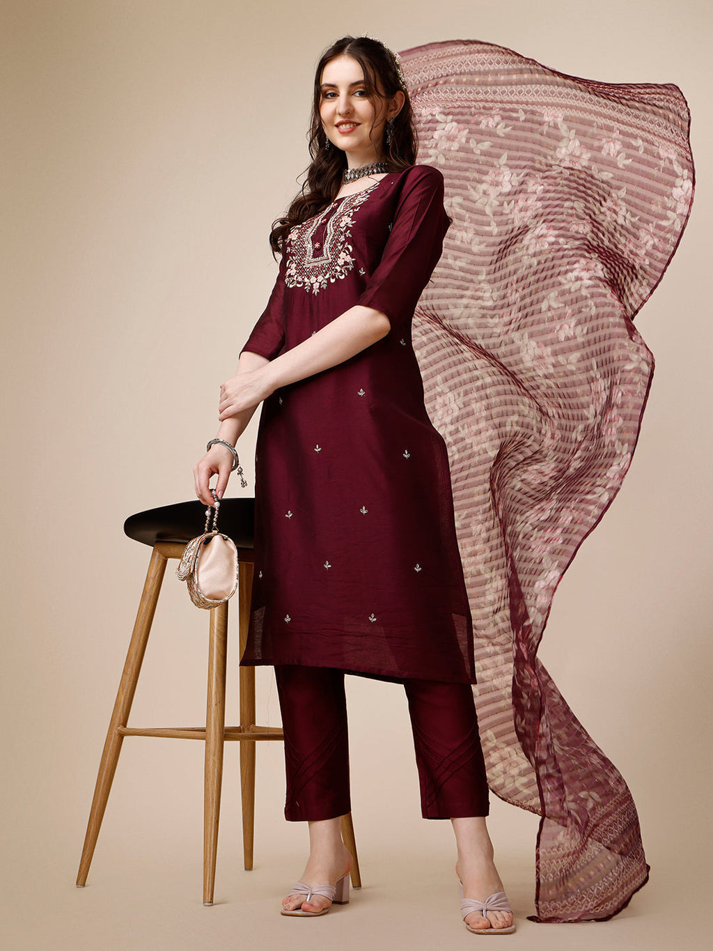 Embroidered Kurta With Pant And Dupatta Set, Multicolor - Hiral Fashion | Grocsy