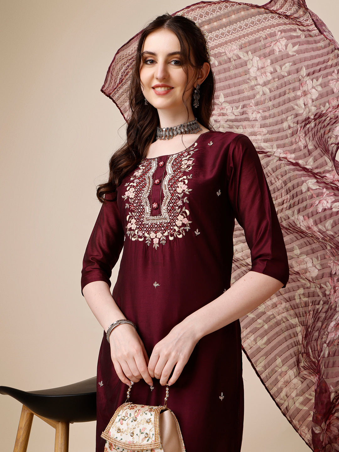 Embroidered Kurta With Pant And Dupatta Set, Multicolor - Hiral Fashion | Grocsy