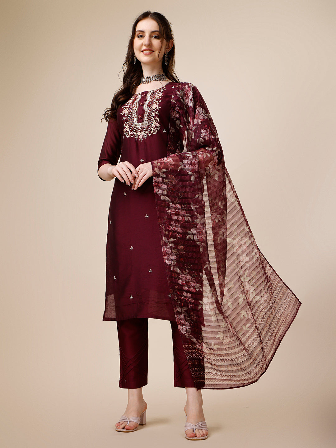 Embroidered Kurta With Pant And Dupatta Set, Multicolor - Hiral Fashion | Grocsy