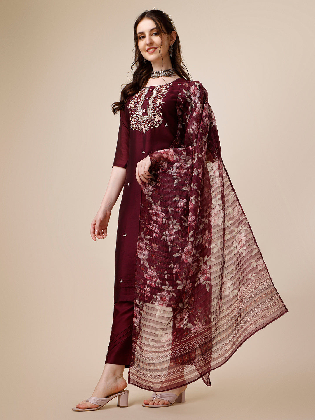 Embroidered Kurta With Pant And Dupatta Set, Multicolor - Hiral Fashion | Grocsy