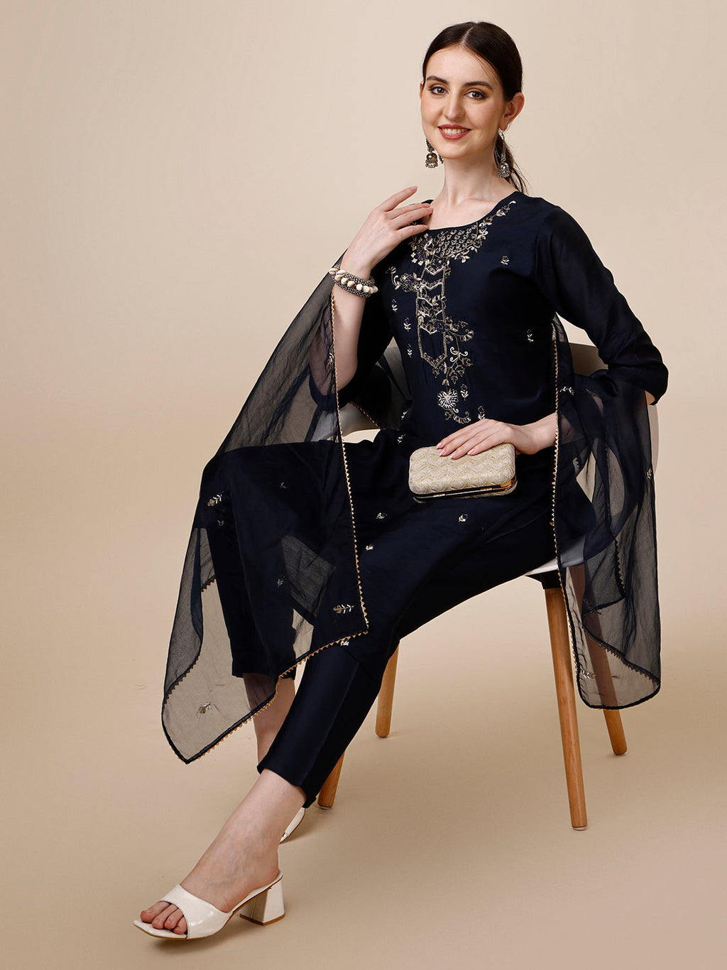 Hand Embroidered Kurta With Pant And Dupatta Set, Multicolor - Hiral Fashion | Grocsy