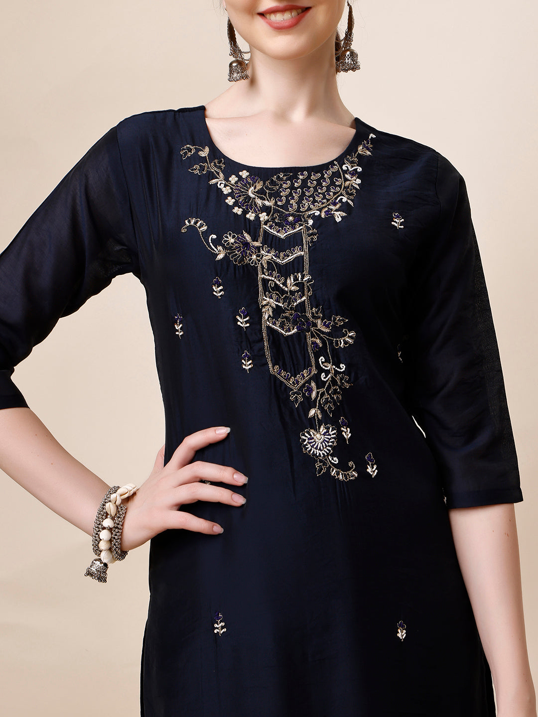 Hand Embroidered Kurta With Pant And Dupatta Set, Multicolor - Hiral Fashion | Grocsy