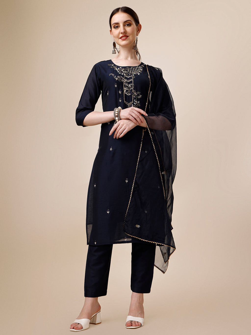 Hand Embroidered Kurta With Pant And Dupatta Set, Multicolor - Hiral Fashion | Grocsy