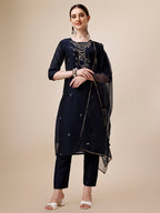 Hand Embroidered Kurta With Pant And Dupatta Set, Multicolor - Hiral Fashion | Grocsy