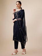 Hand Embroidered Kurta With Pant And Dupatta Set, Multicolor - Hiral Fashion | Grocsy