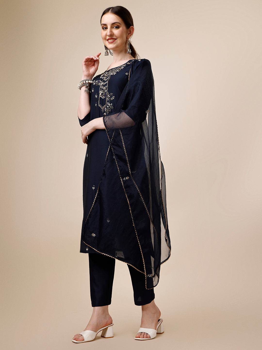 Hand Embroidered Kurta With Pant And Dupatta Set, Multicolor - Hiral Fashion | Grocsy