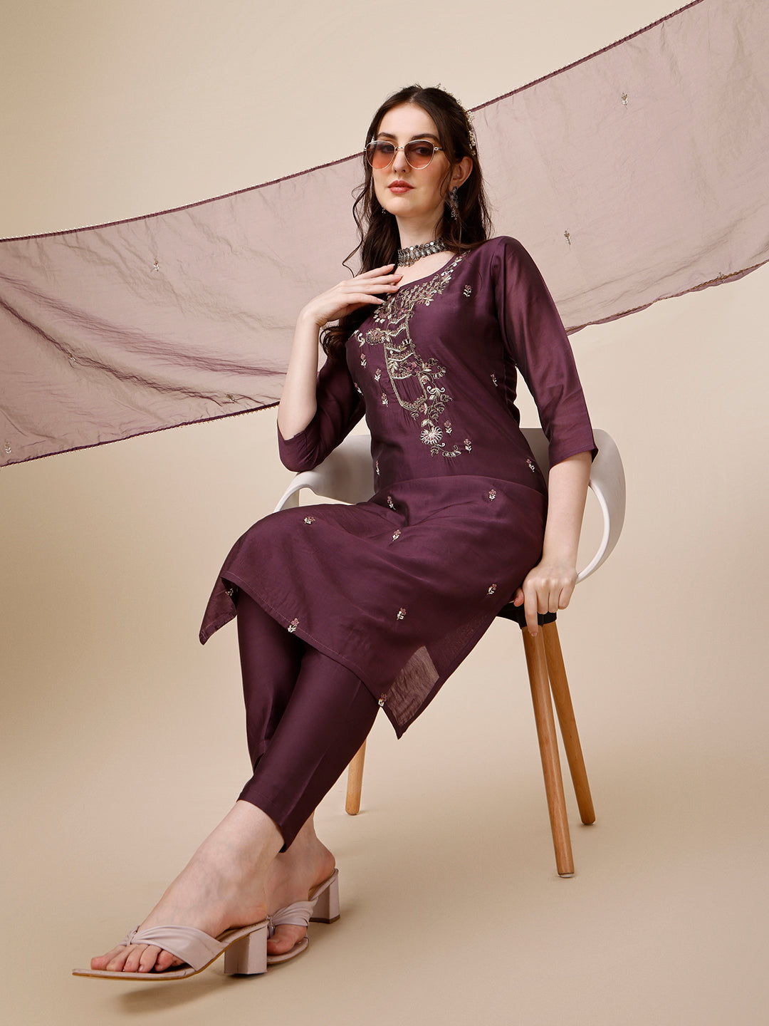 Embroidered Kurta With Pant And Dupatta Set, Multicolor - Hiral Fashion | Grocsy