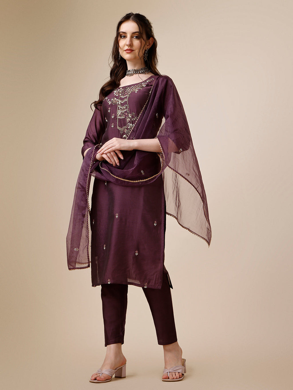 Embroidered Kurta With Pant And Dupatta Set, Multicolor - Hiral Fashion | Grocsy