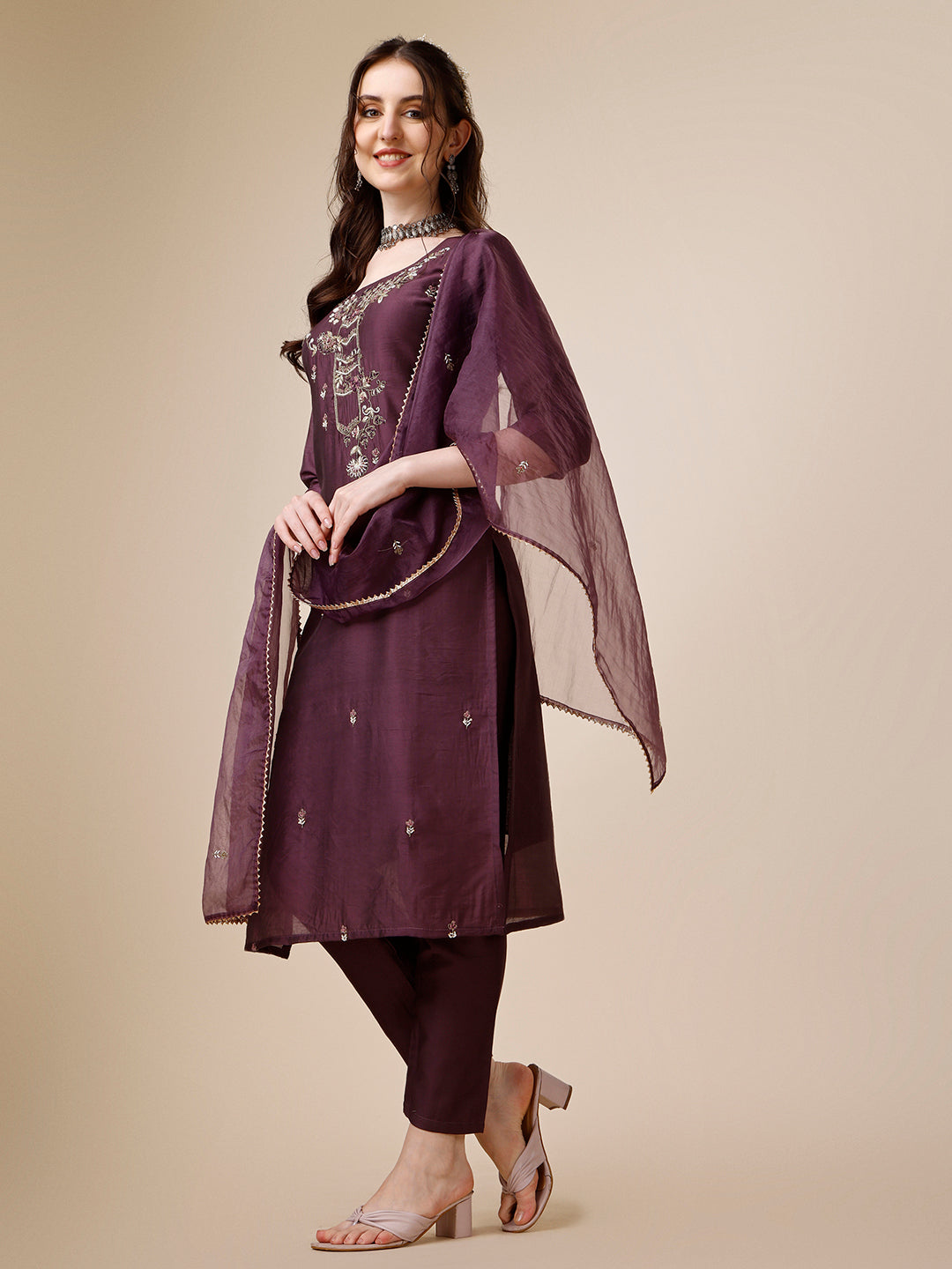 Embroidered Kurta With Pant And Dupatta Set, Multicolor - Hiral Fashion | Grocsy
