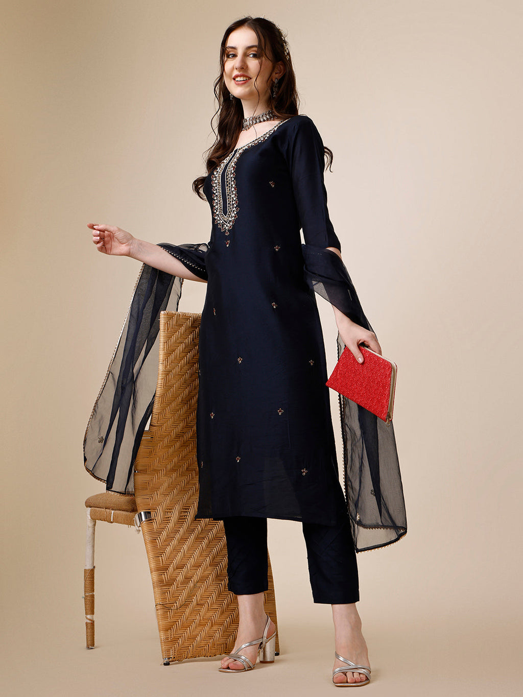 Embroidered Kurta With Pant And Dupatta Set, Multicolor - Hiral Fashion | Grocsy