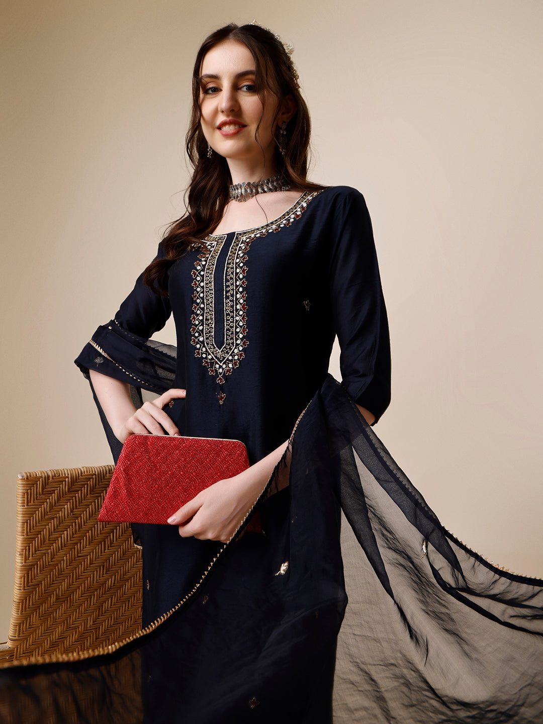 Embroidered Kurta With Pant And Dupatta Set, Multicolor - Hiral Fashion | Grocsy