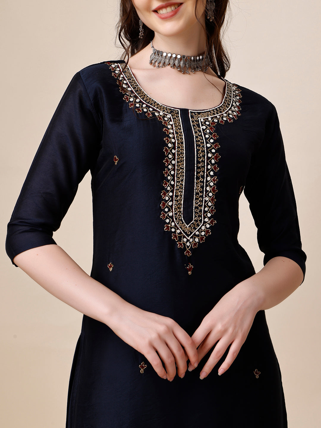 Embroidered Kurta With Pant And Dupatta Set, Multicolor - Hiral Fashion | Grocsy