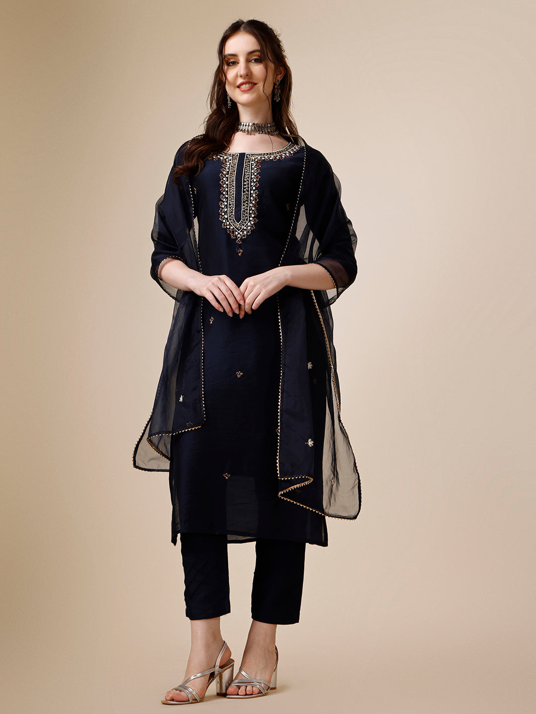 Embroidered Kurta With Pant And Dupatta Set, Multicolor - Hiral Fashion | Grocsy