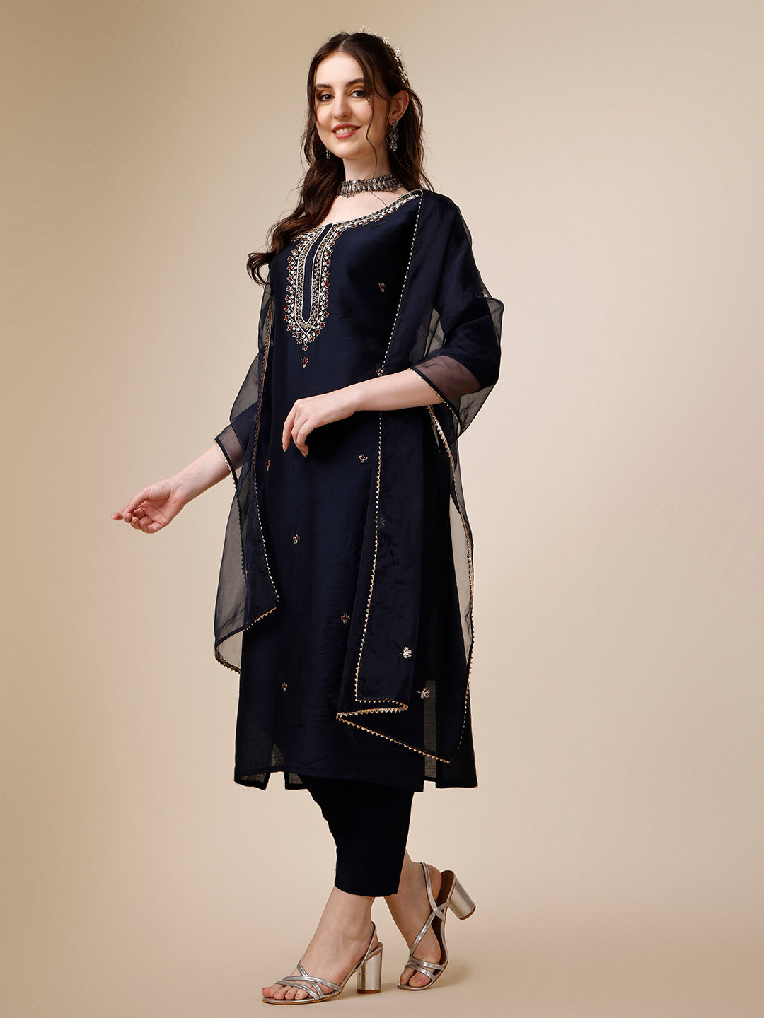 Embroidered Kurta With Pant And Dupatta Set, Multicolor - Hiral Fashion | Grocsy