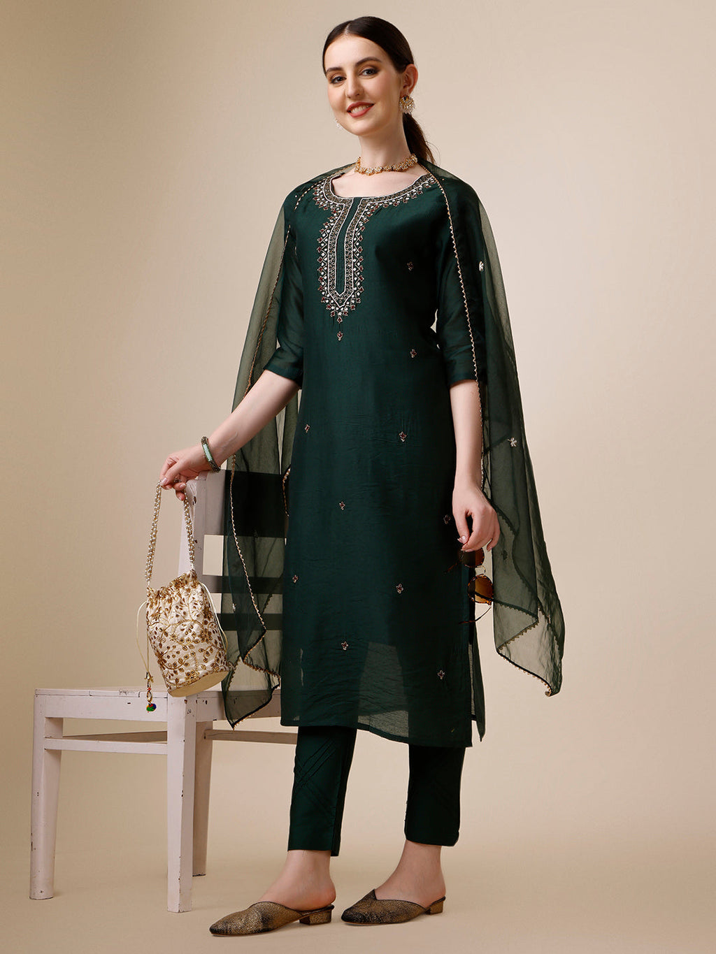 Embroidered Kurta With Pant And Dupatta Set, Multicolor - Hiral Fashion | Grocsy