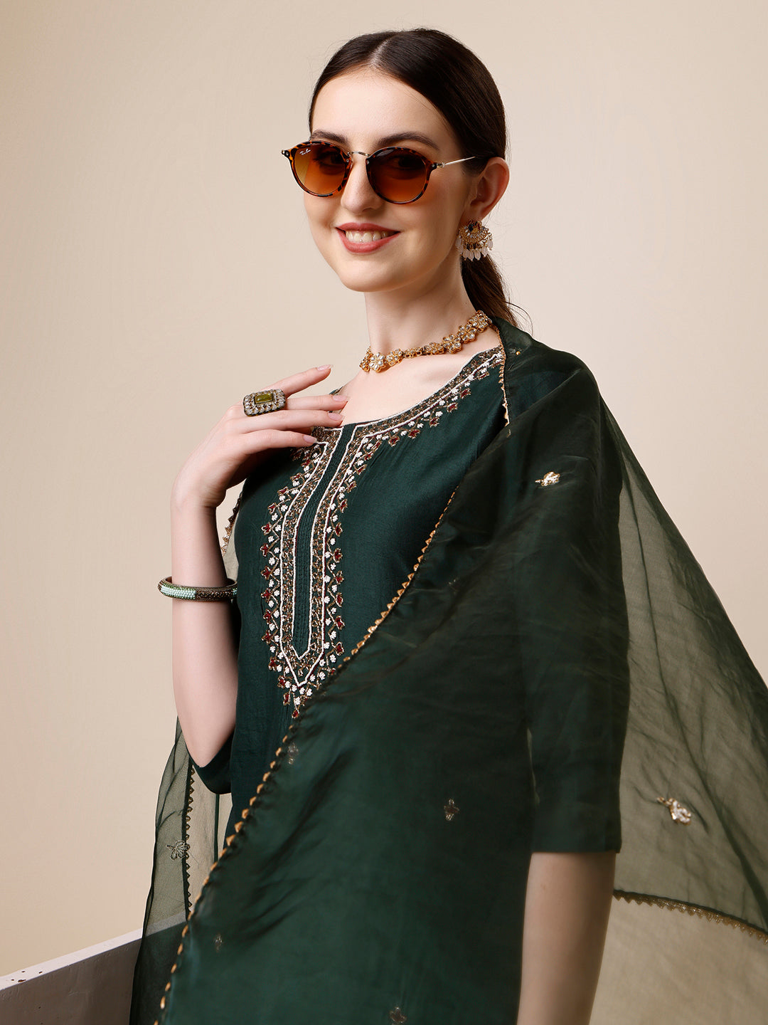 Embroidered Kurta With Pant And Dupatta Set, Multicolor - Hiral Fashion | Grocsy