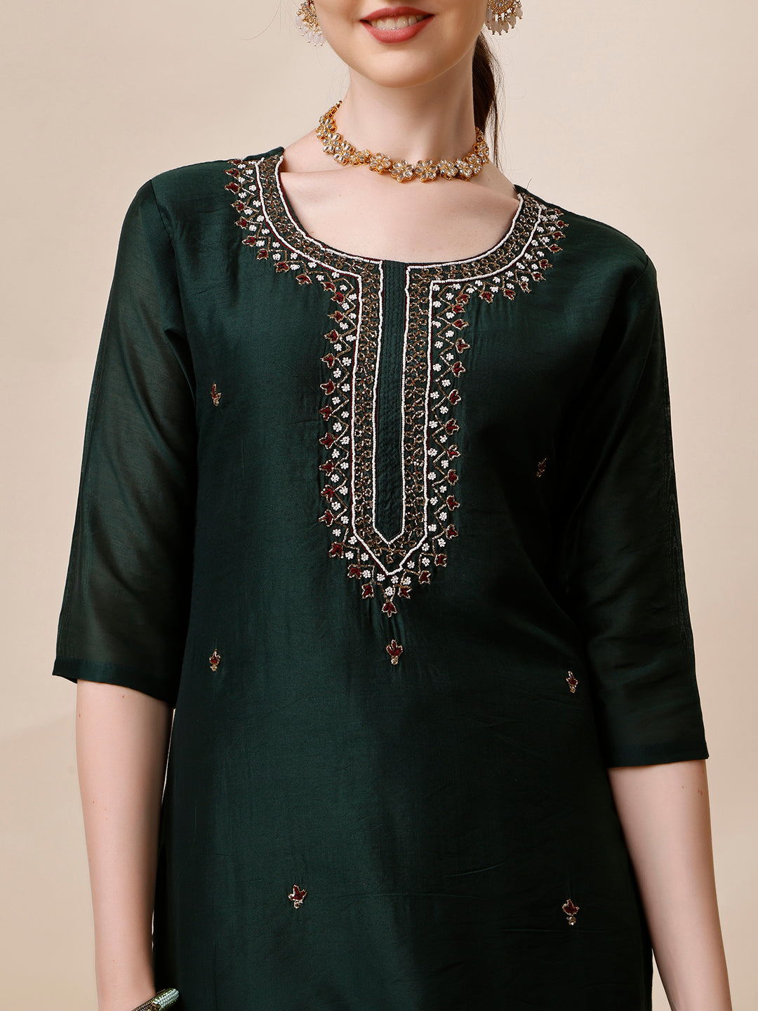 Embroidered Kurta With Pant And Dupatta Set, Multicolor - Hiral Fashion | Grocsy