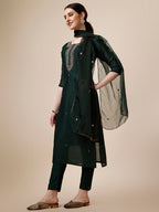 Embroidered Kurta With Pant And Dupatta Set, Multicolor - Hiral Fashion | Grocsy