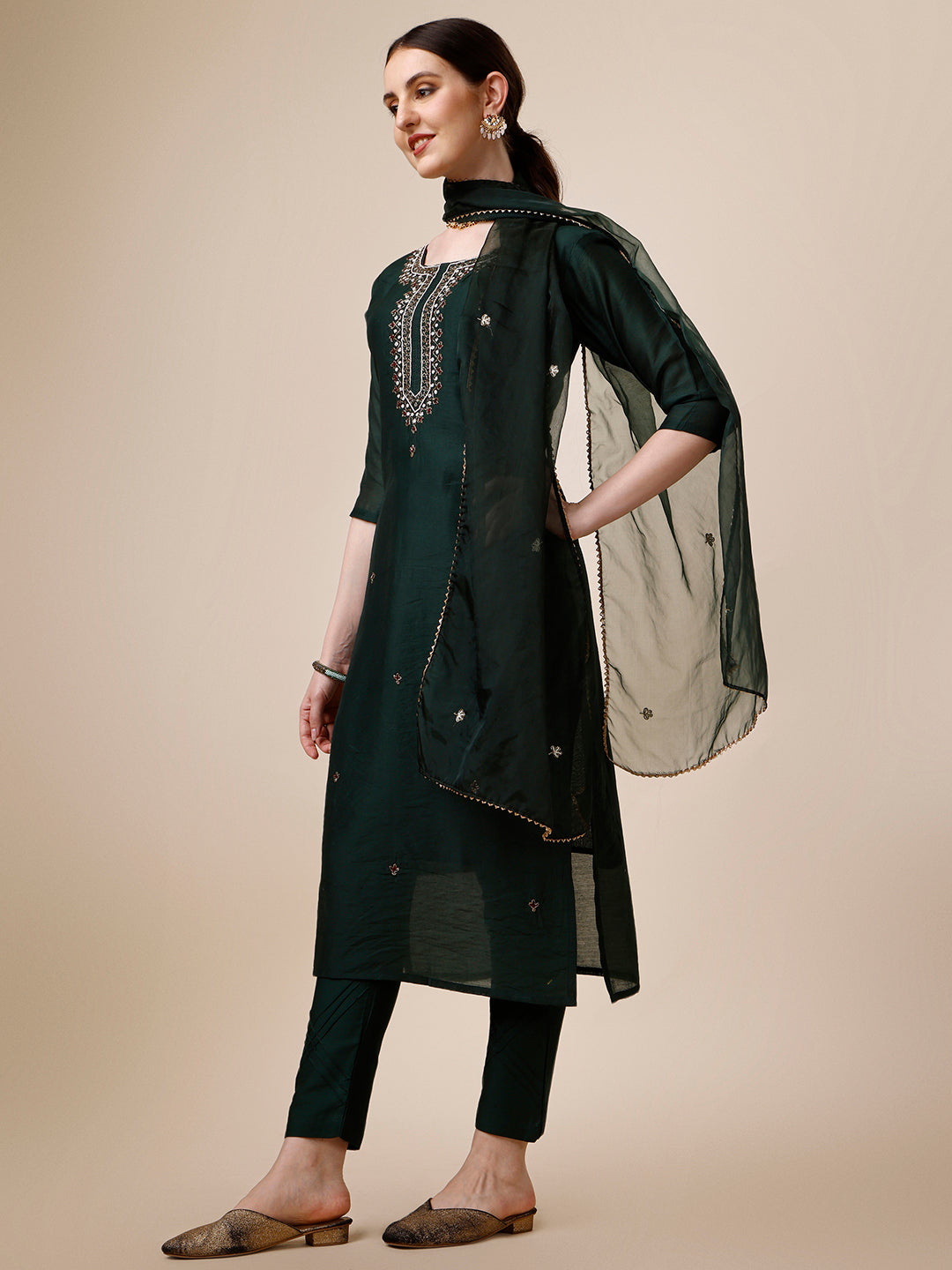 Embroidered Kurta With Pant And Dupatta Set, Multicolor - Hiral Fashion | Grocsy