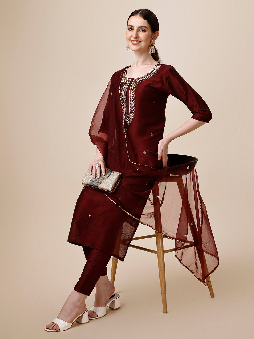 Embroidered Color Kurta With Pant And Dupatta Set, Multicolor - Hiral Fashion | Grocsy