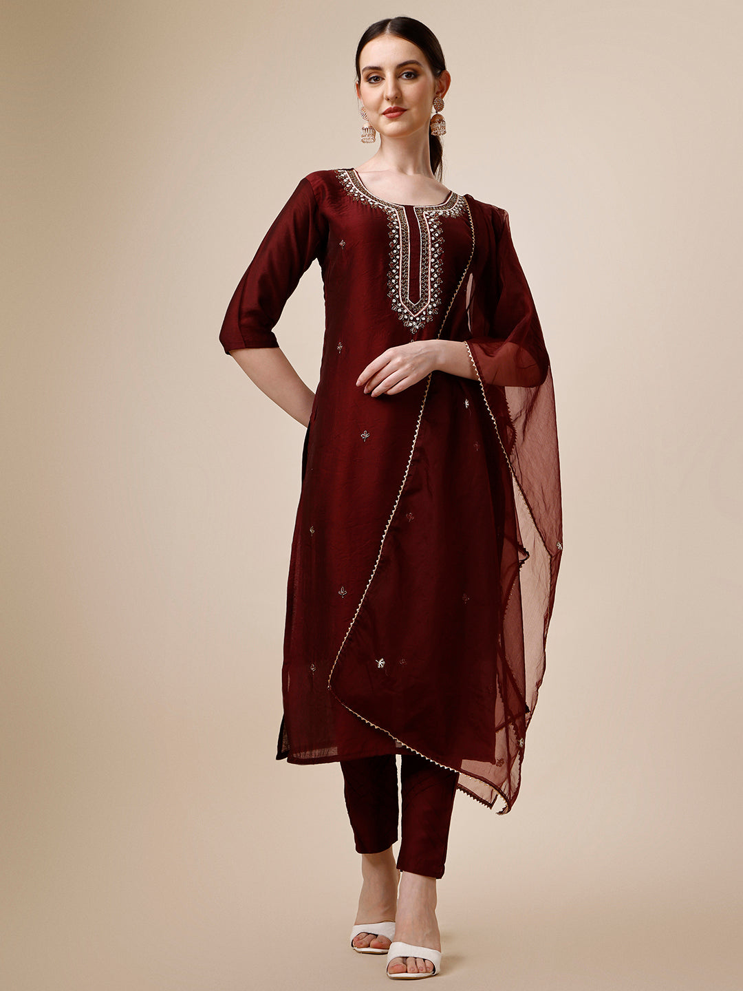 Embroidered Color Kurta With Pant And Dupatta Set, Multicolor - Hiral Fashion | Grocsy