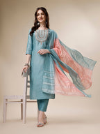 Embroidered Kurta With Pant And Dupatta Set, Multicolor - Hiral Fashion | Grocsy