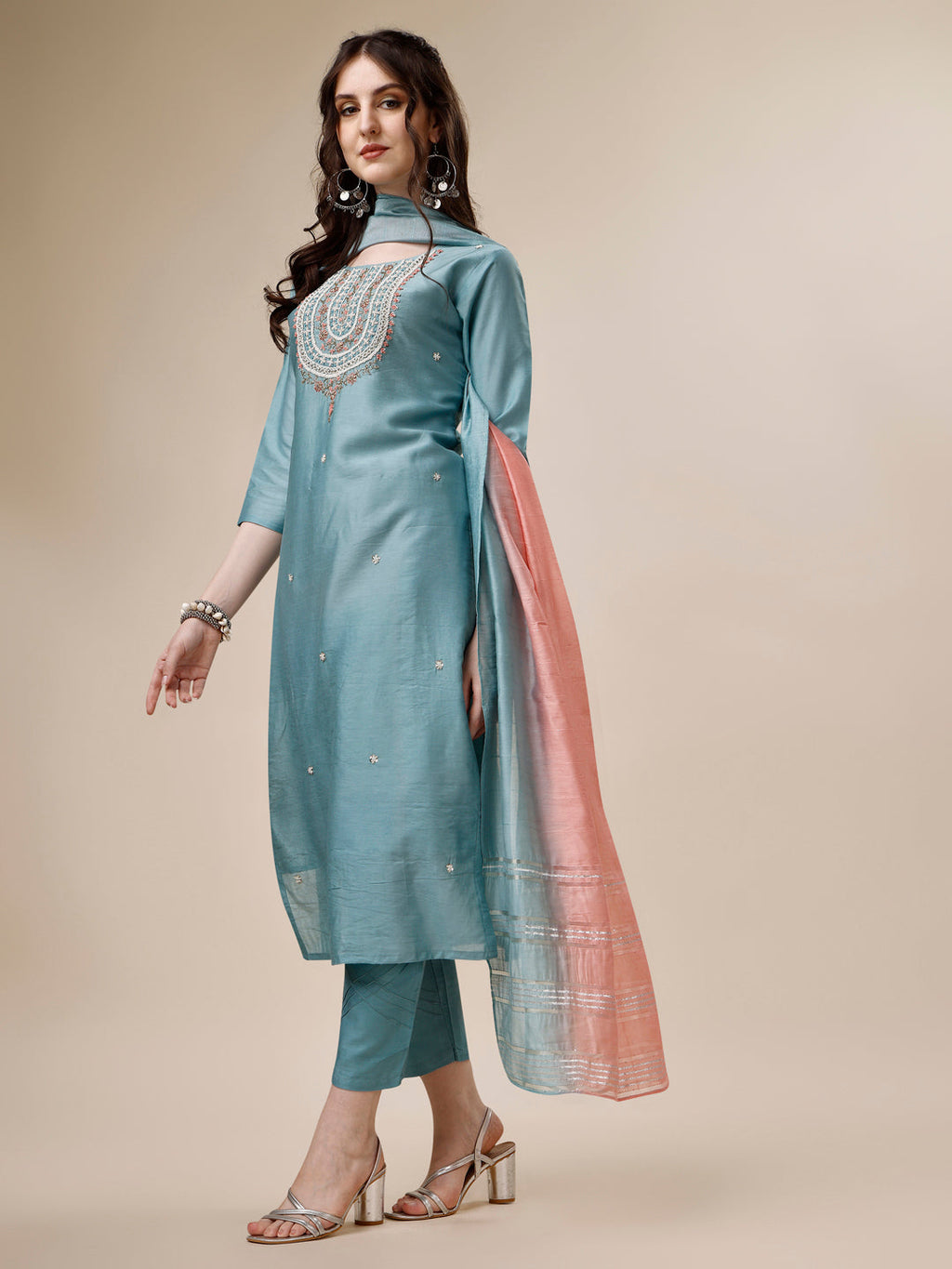 Embroidered Kurta With Pant And Dupatta Set, Multicolor - Hiral Fashion | Grocsy