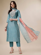 Embroidered Kurta With Pant And Dupatta Set, Multicolor - Hiral Fashion | Grocsy