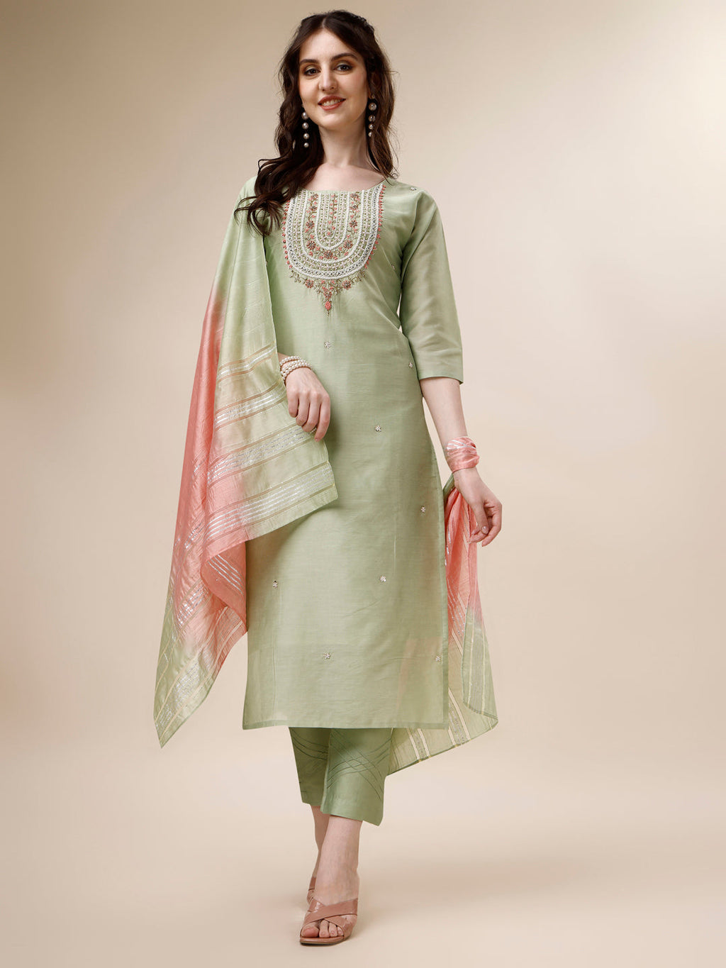 Embroidered Kurta With Pant And Dupatta Set, Multicolor - Hiral Fashion | Grocsy