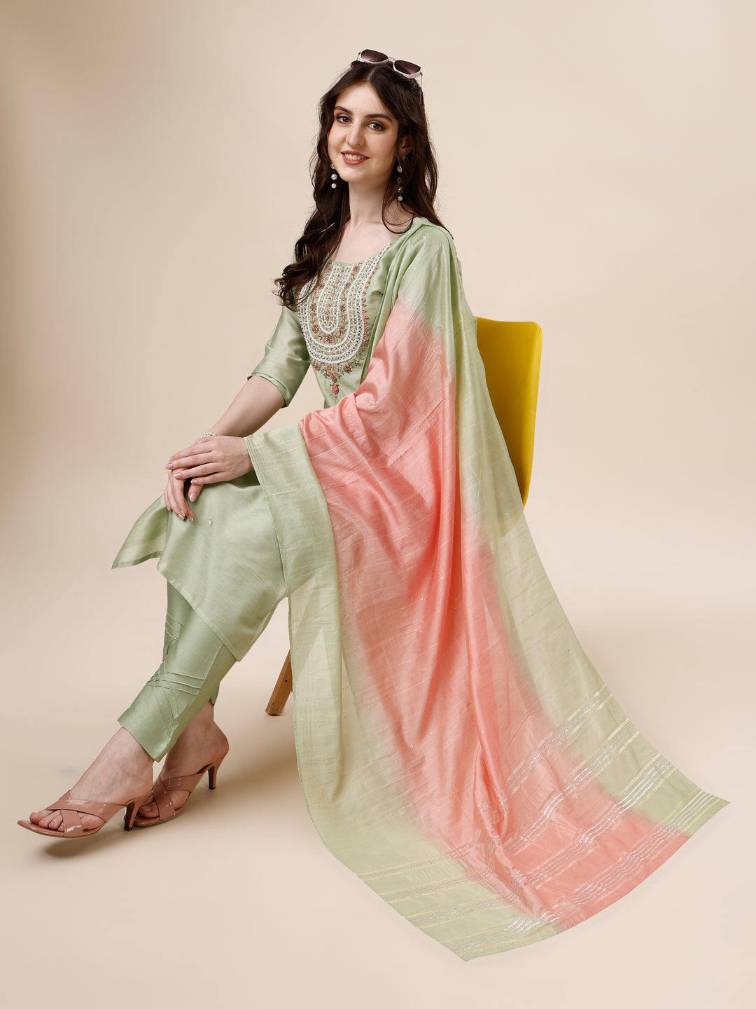 Embroidered Kurta With Pant And Dupatta Set, Multicolor - Hiral Fashion | Grocsy