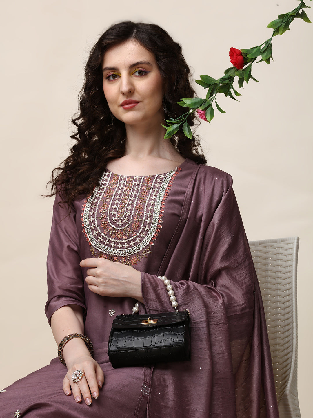 Embroidered Lavender Kurta With Pant And Dupatta Set, Multicolor - Hiral Fashion | Grocsy