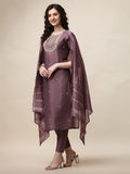 Embroidered Lavender Kurta With Pant And Dupatta Set, Multicolor - Hiral Fashion | Grocsy
