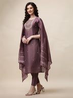 Embroidered Lavender Kurta With Pant And Dupatta Set, Multicolor - Hiral Fashion | Grocsy