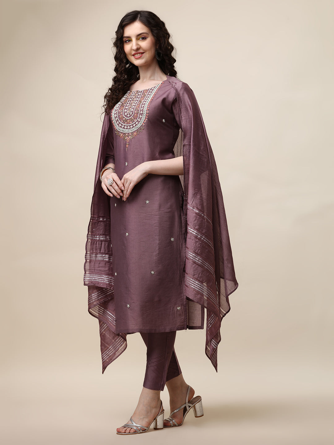 Embroidered Lavender Kurta With Pant And Dupatta Set, Multicolor - Hiral Fashion | Grocsy