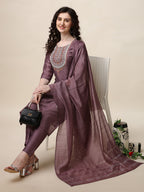Embroidered Lavender Kurta With Pant And Dupatta Set, Multicolor - Hiral Fashion | Grocsy