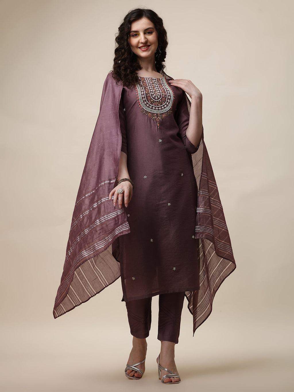 Embroidered Lavender Kurta With Pant And Dupatta Set, Multicolor - Hiral Fashion | Grocsy