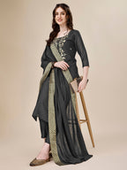 Embroidered Kurta With Pant And Dupatta Set, Multicolor - Hiral Fashion | Grocsy