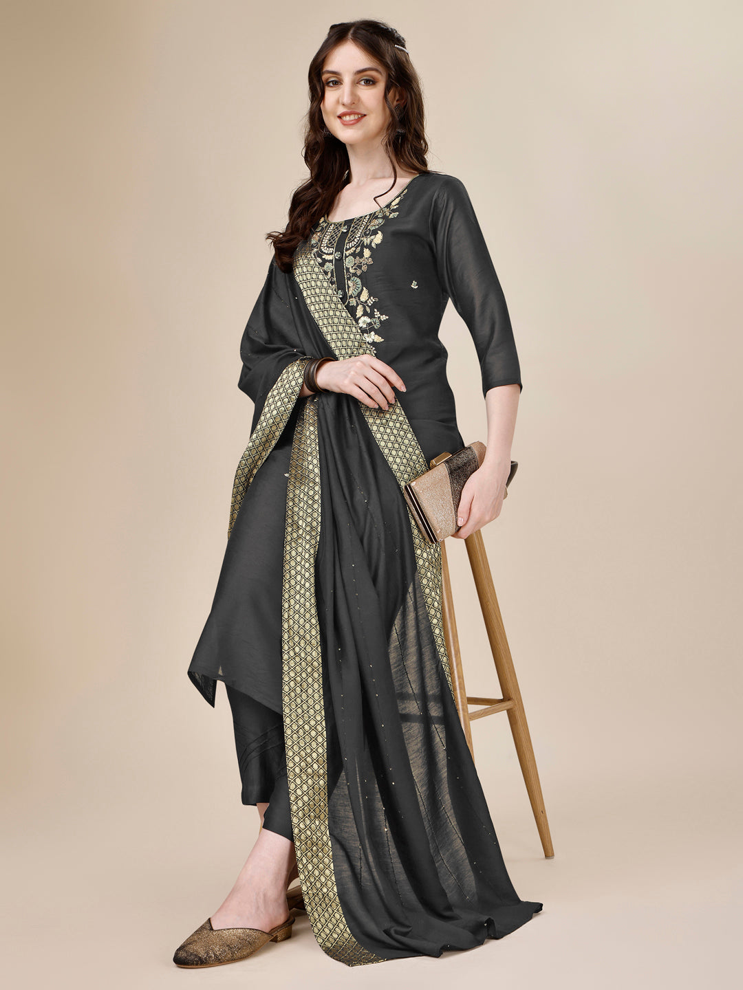 Embroidered Kurta With Pant And Dupatta Set, Multicolor - Hiral Fashion | Grocsy