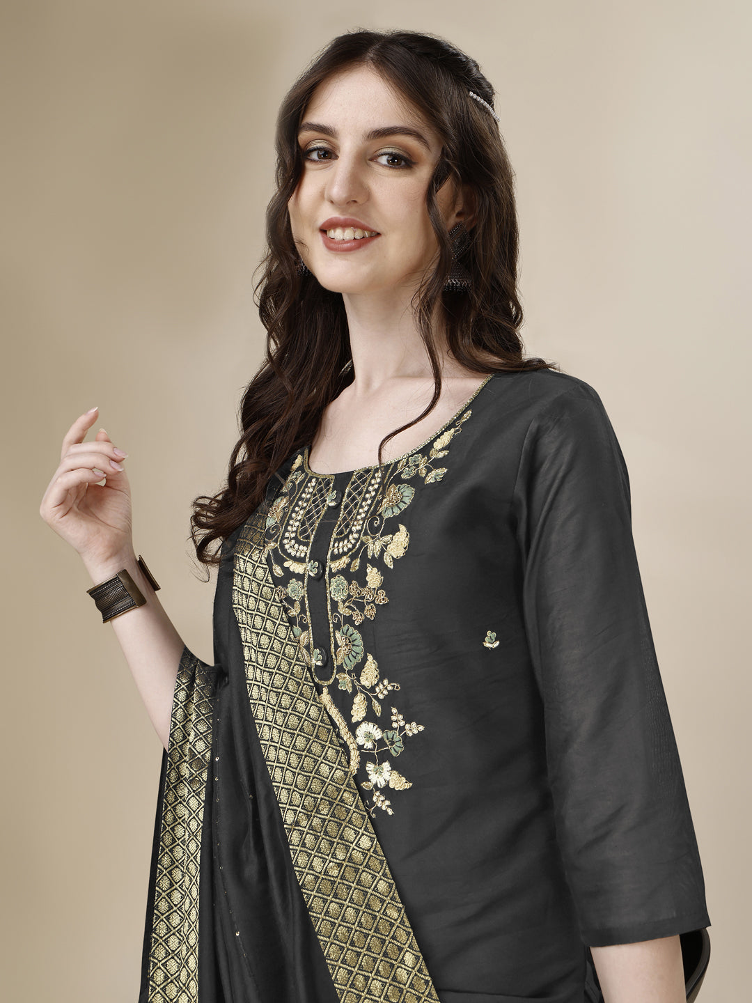 Embroidered Kurta With Pant And Dupatta Set, Multicolor - Hiral Fashion | Grocsy