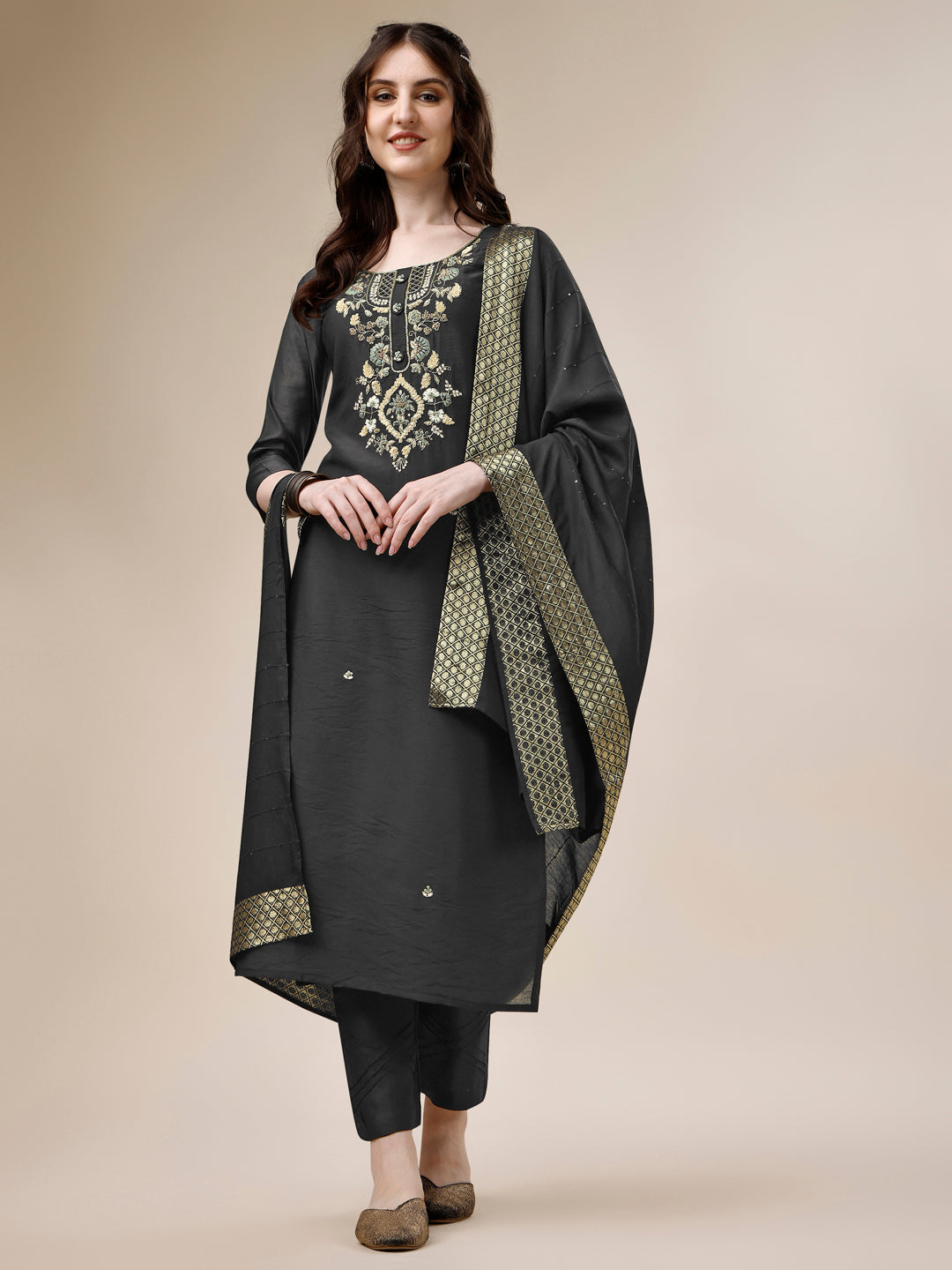 Embroidered Kurta With Pant And Dupatta Set, Multicolor - Hiral Fashion | Grocsy